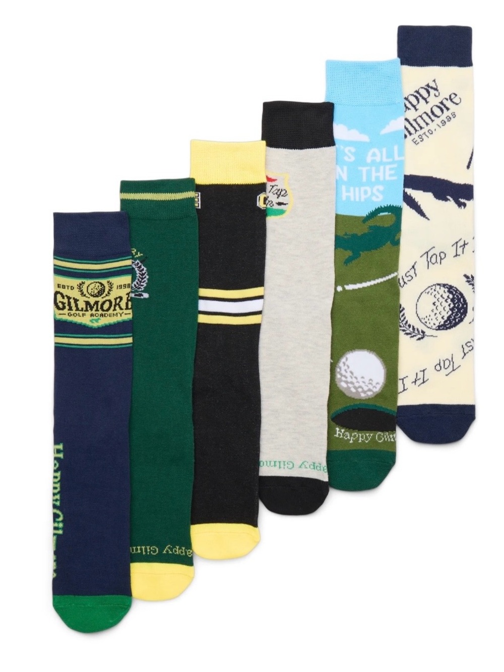 Happy Gilmore Golf Crew Socks 6-Pack - Mixed Green, Navy, Yellow